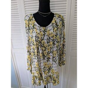 Fever Peasant Top Women 3X Bell Sleeve Yellow Floral Polkadot Babydoll Bohemian